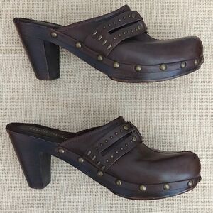 Vintage 90s Brown Leather Mule Clogs High Heels Studded Retro 70s High Sierra 6